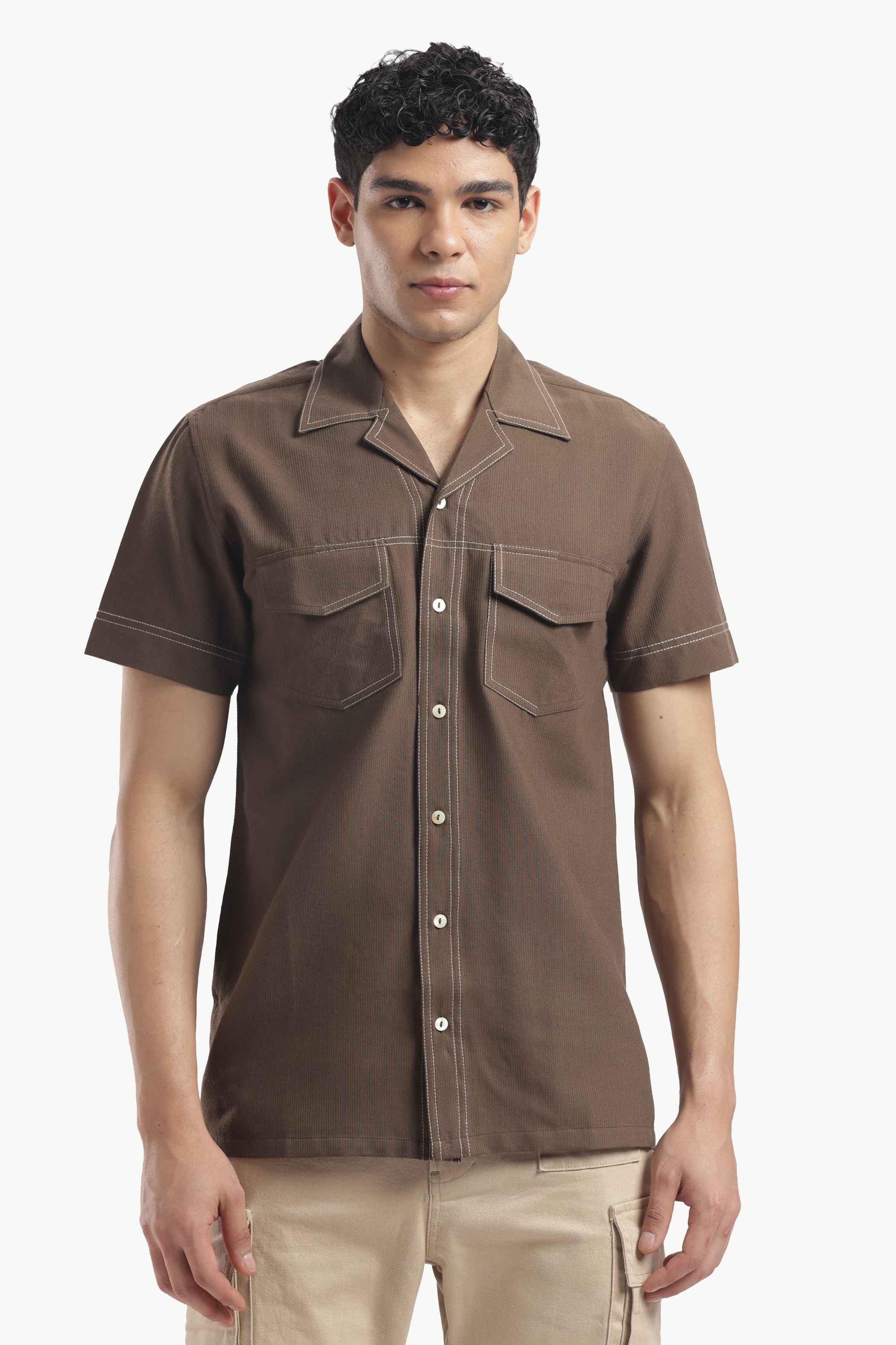 Men's brown Cuban collar shirt paired with everyday fashion