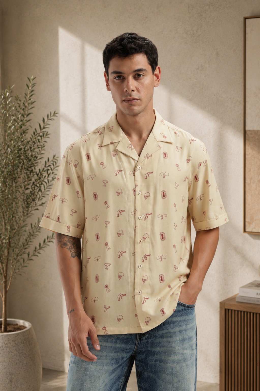 Beige Derby Print Baggy Shirt