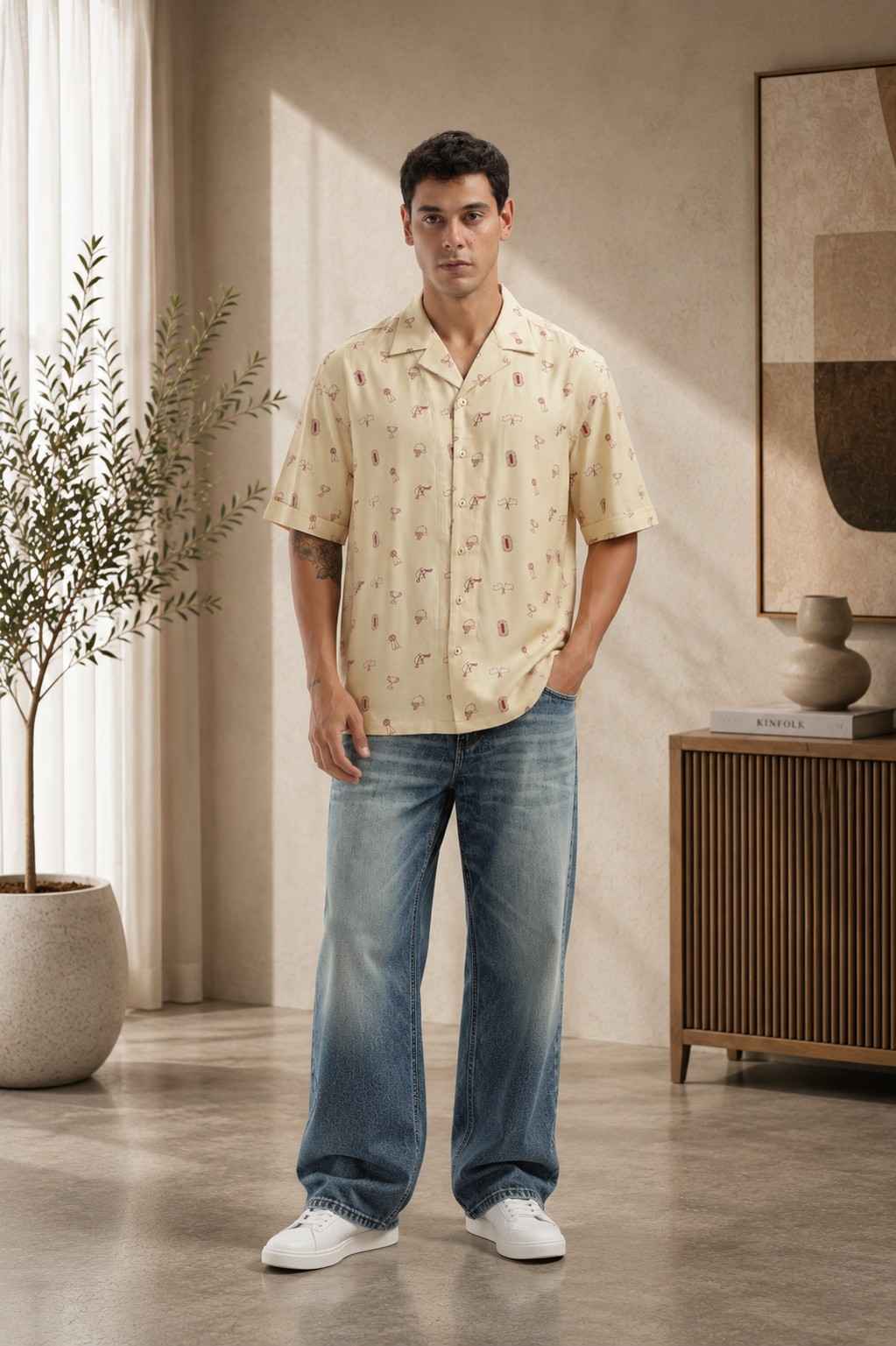 Beige Derby Print Baggy Shirt