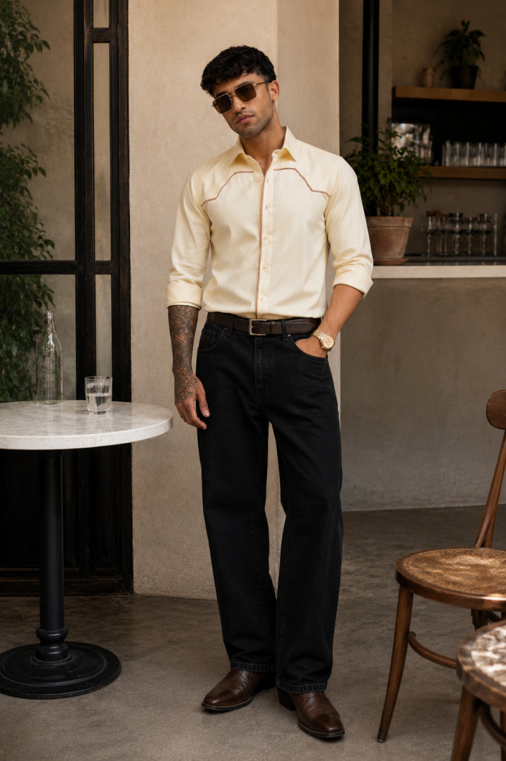 Cream Shirt With Brown Piping Detail