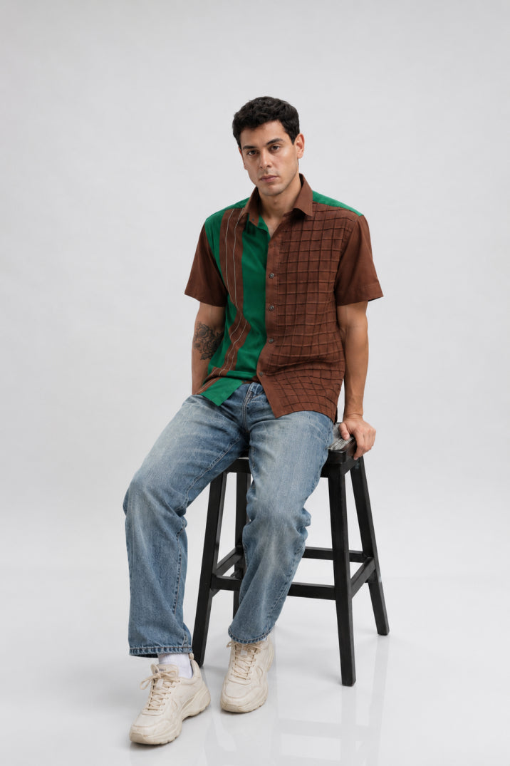 Brown Color Block Statement Shirt