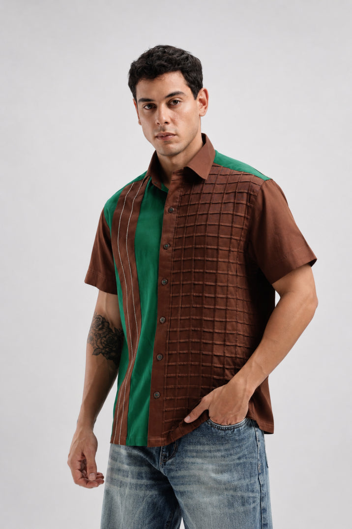 Brown Color Block Statement Shirt