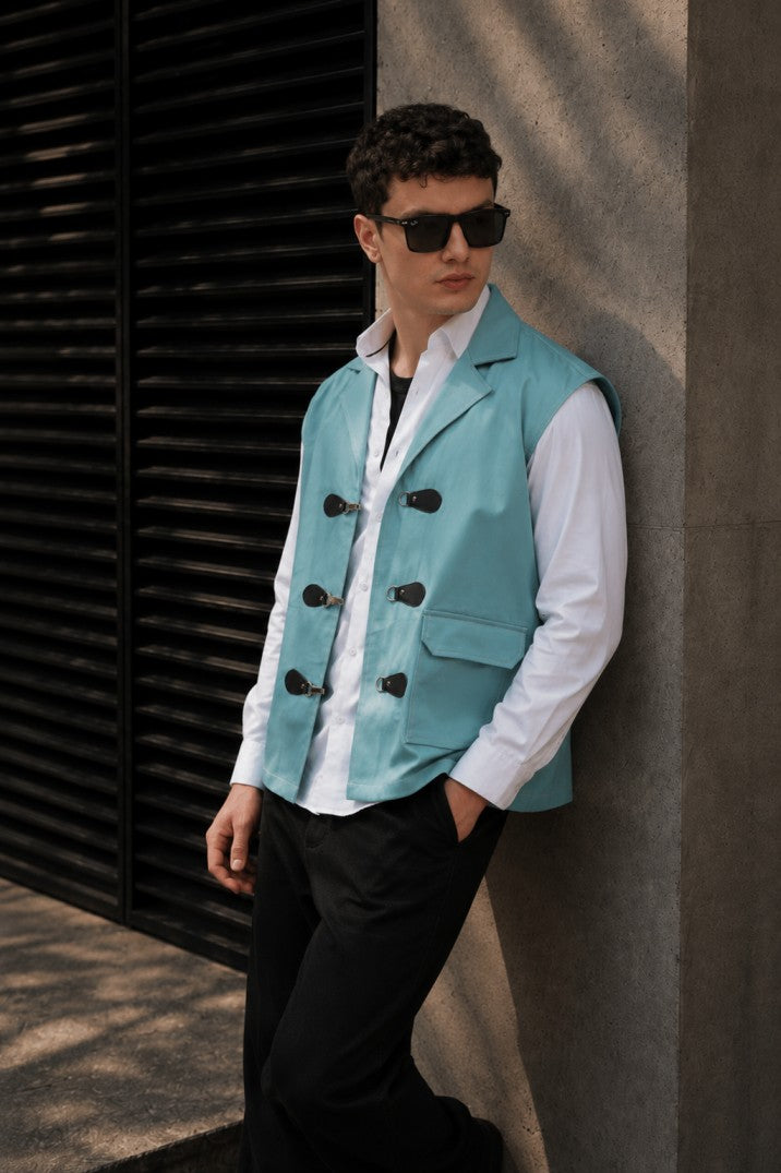 Blue Twill Sleevless Jacket