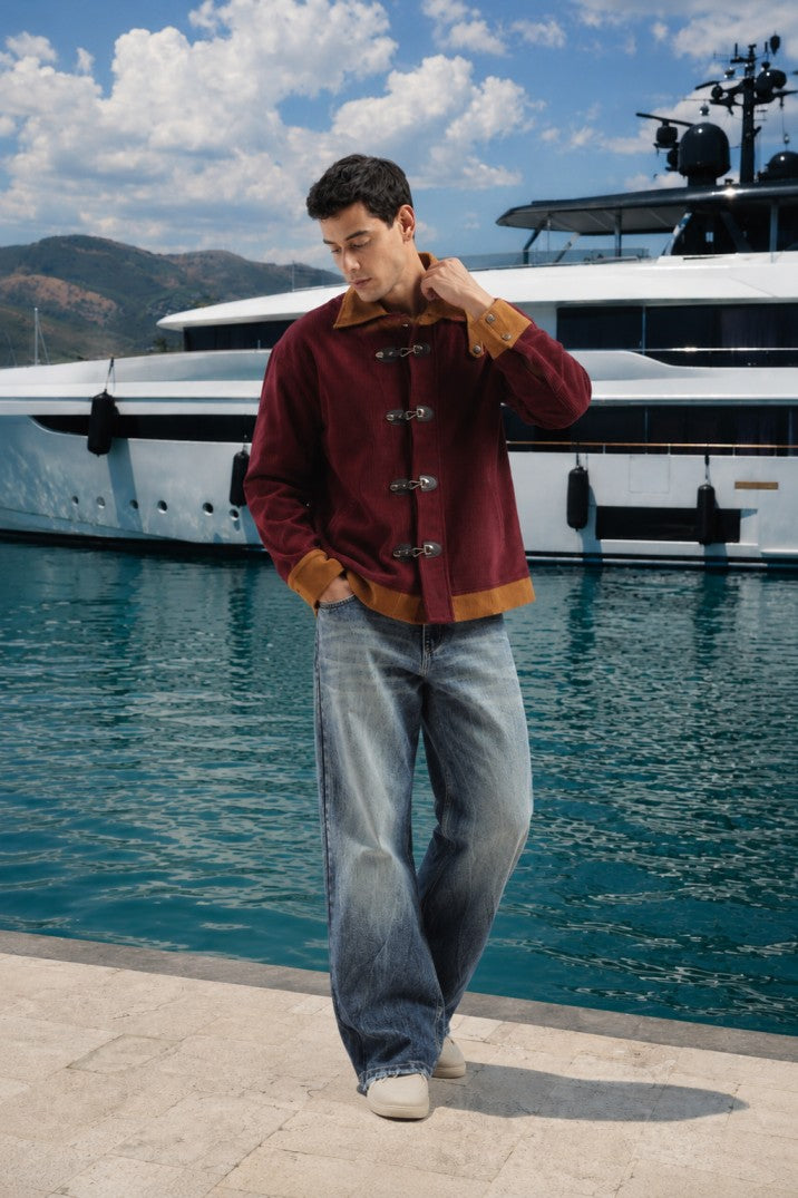 Wine Color Block Corduroy Jacket