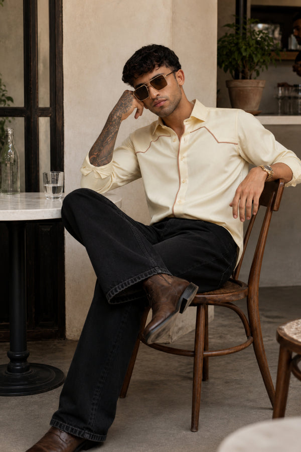 Cream Shirt With Brown Piping Detail