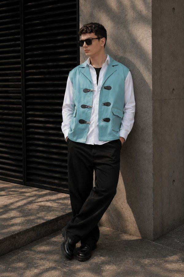 Blue Twill Sleevless Jacket