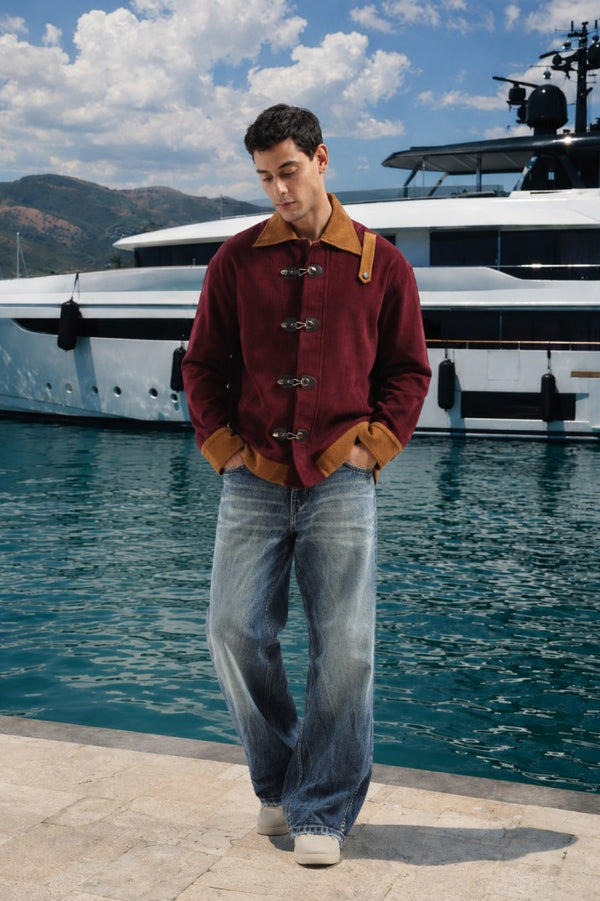 Wine Color Block Corduroy Jacket