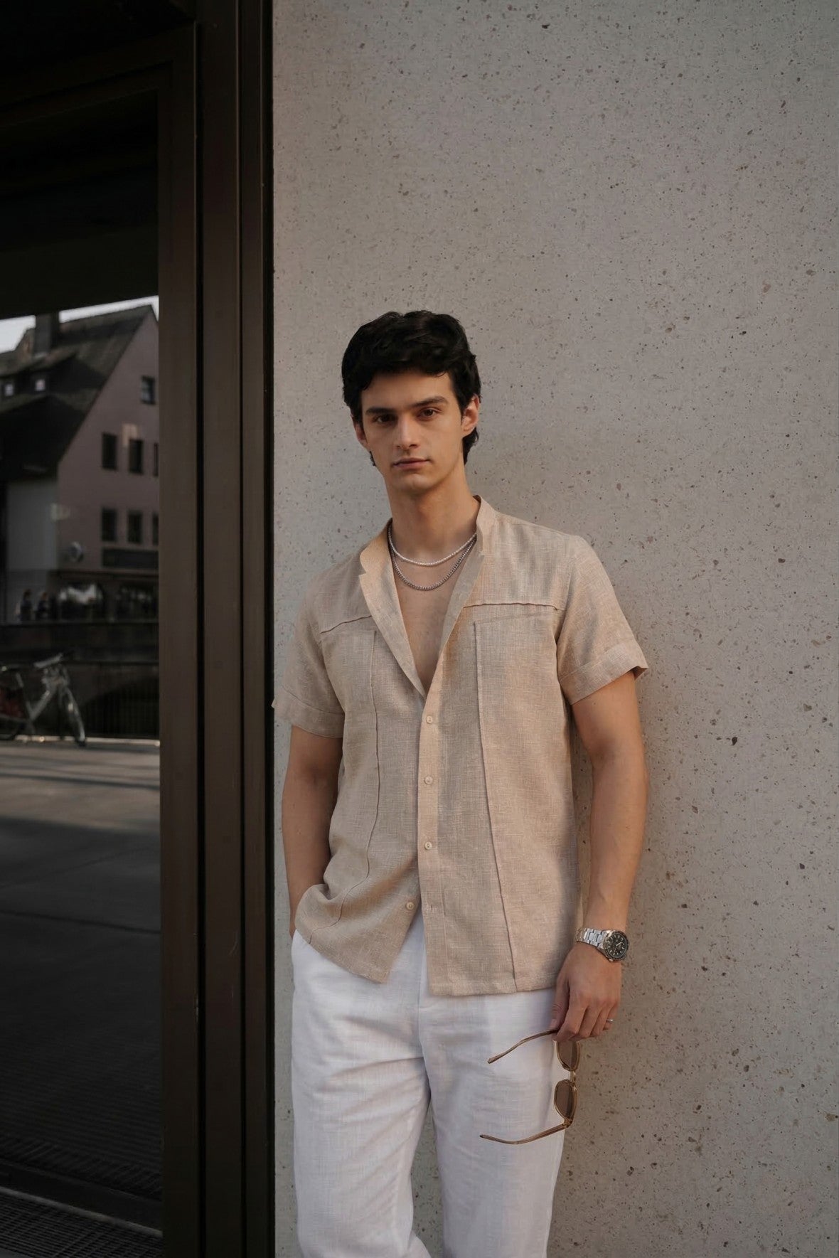 Chinese collar short sleeve linen shirt for men