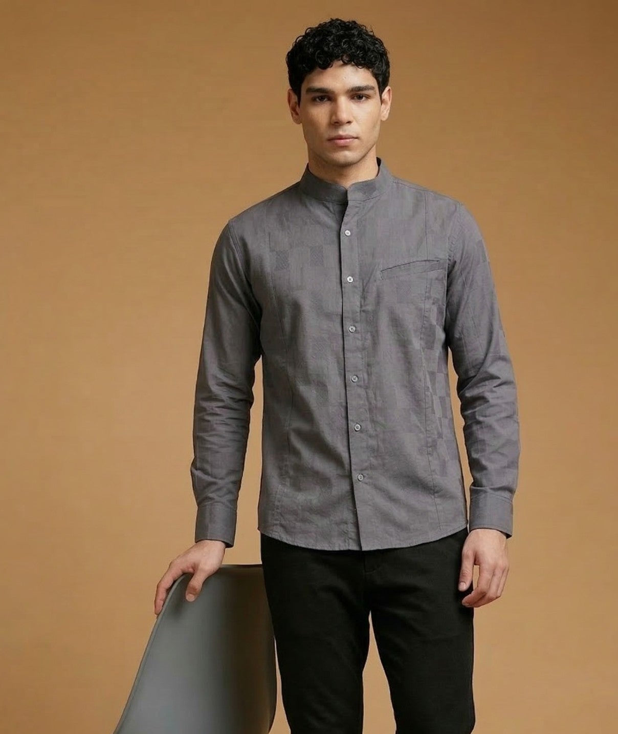 Buy Dark Grey Band Collar Shirt Online for Men
