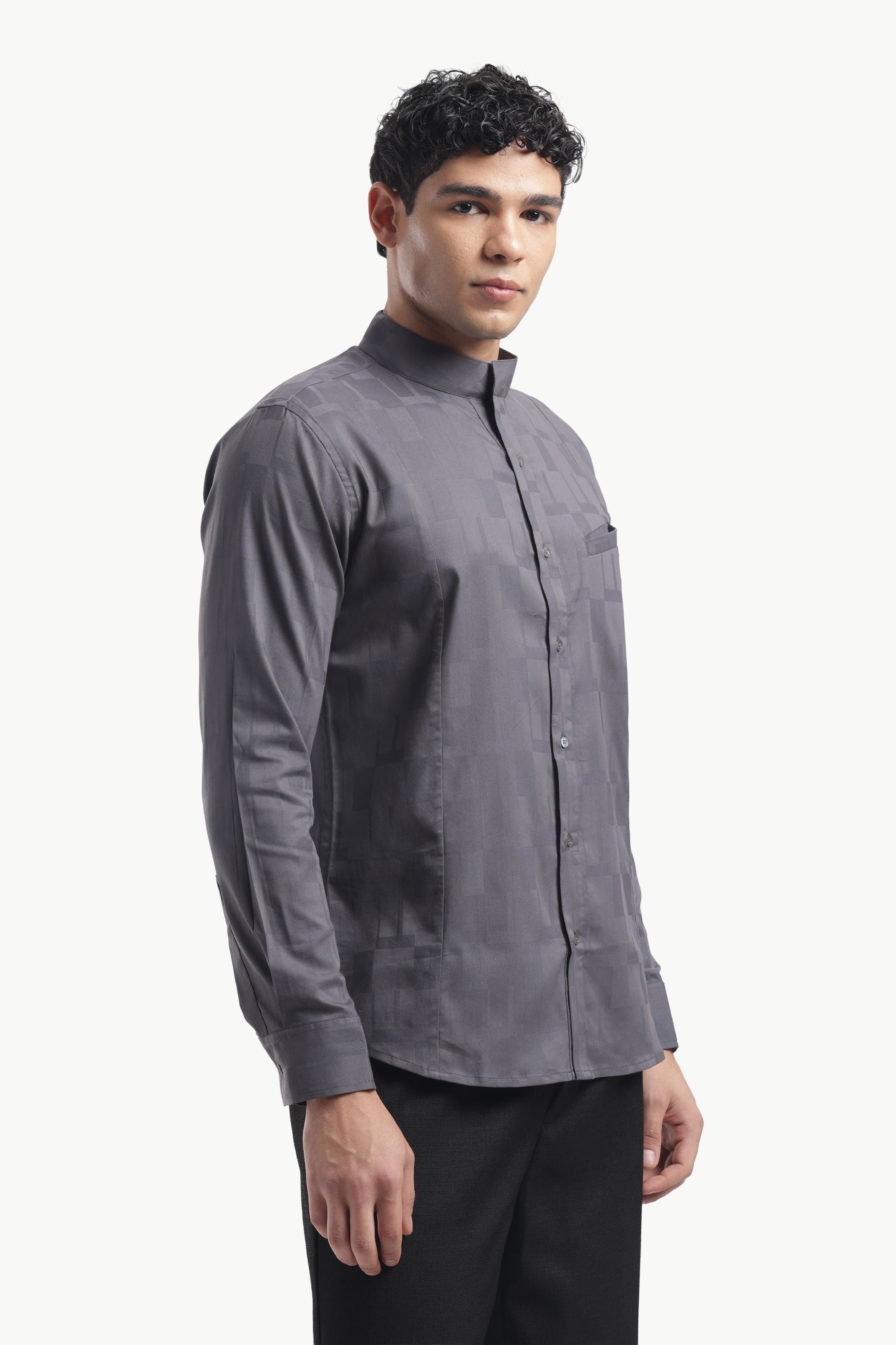 Premium Dark Grey Lycra Shirt for Men with Band Collar Design