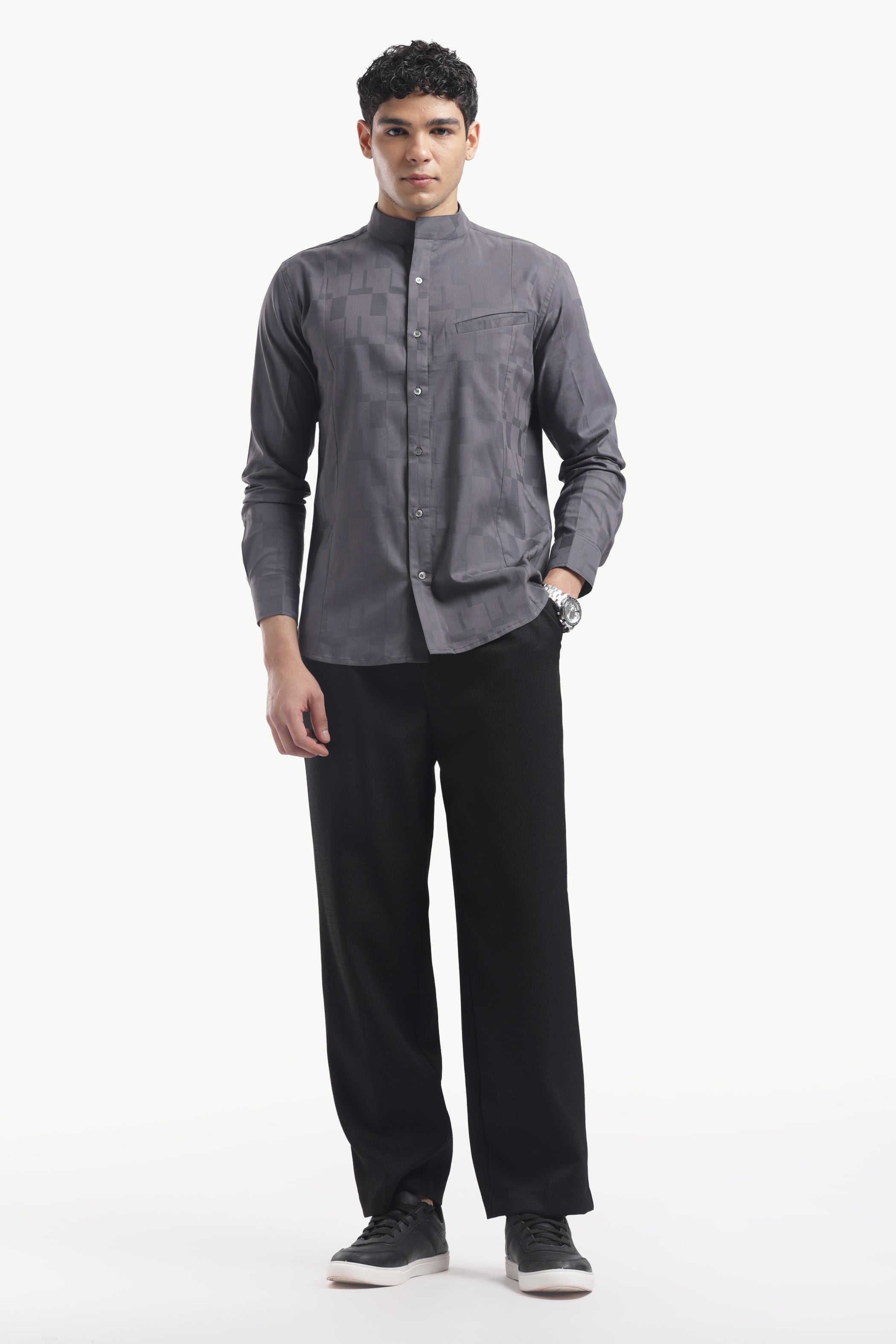 Stylish Men's Dark Grey Band Collar Shirt Online India