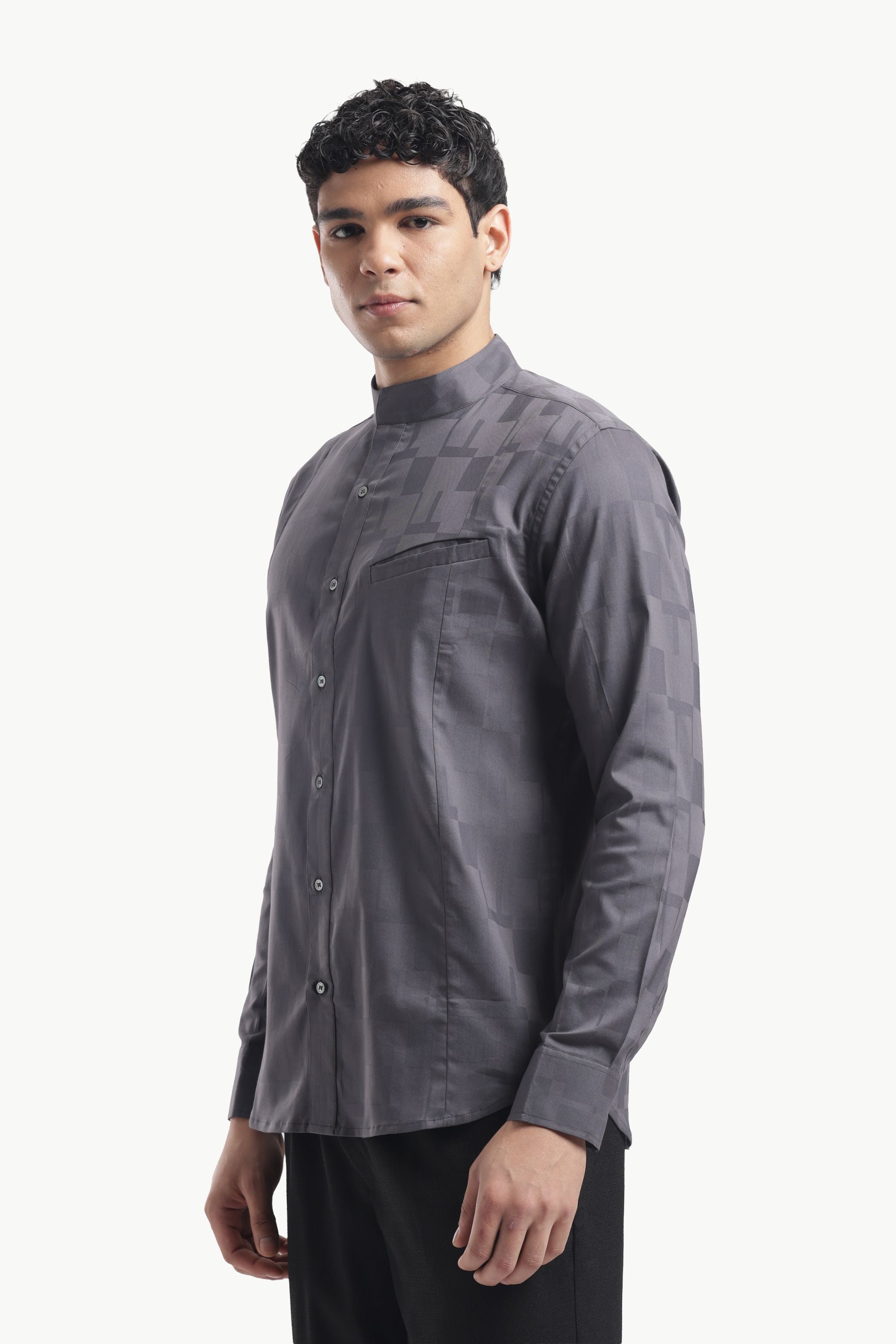 Dark Grey Casual Band Collar Shirt for Smart Casual Styling