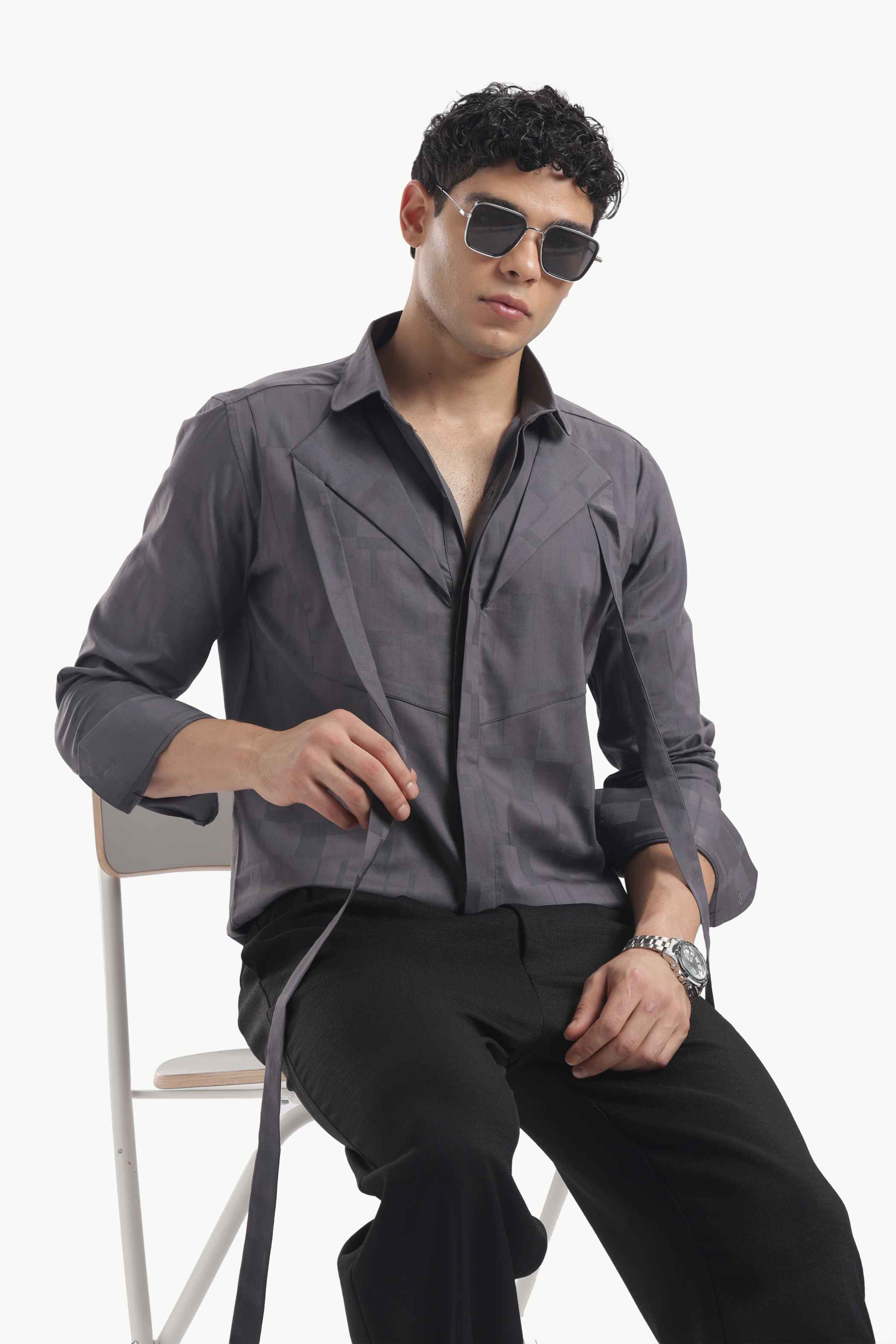 Modern Dark Grey Club Collar Shirt for Casual Wear