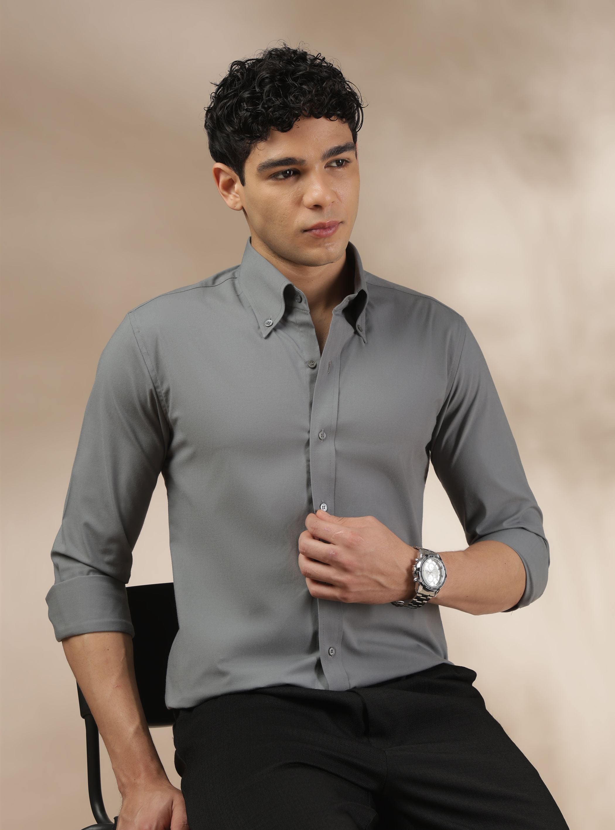 Dark Grey Muscle Fit Button Down Collar Shirt for Men