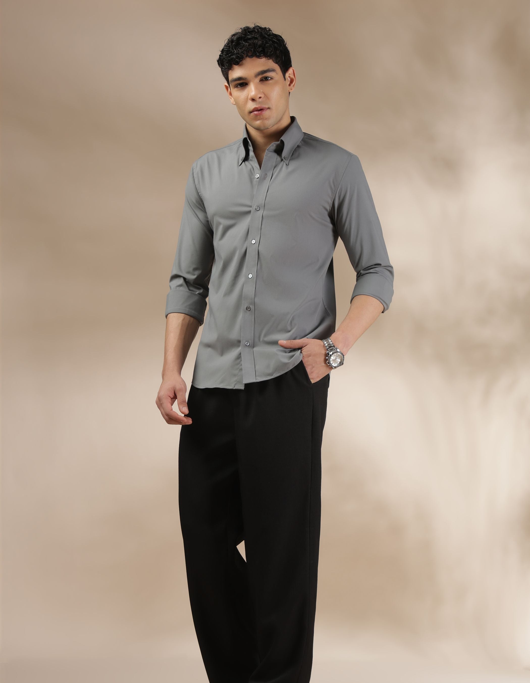 Men's Dark Grey Muscle Fit Shirt with Button Down Collar