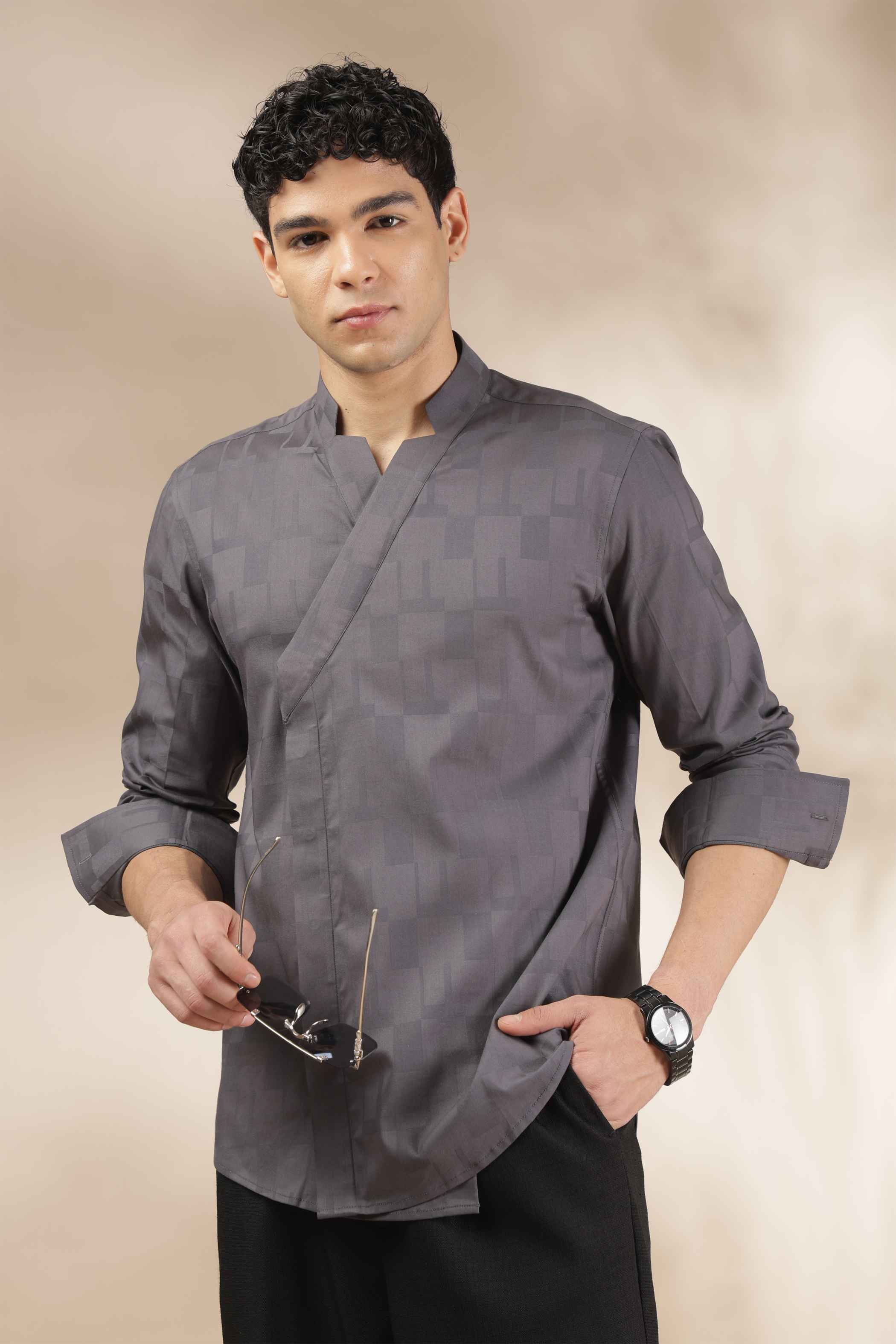 Dark Grey Overlap Shirt for Men Relaxed Fit Party Wear