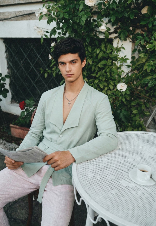 Pastel Green Blazer Collar Belted Jacket