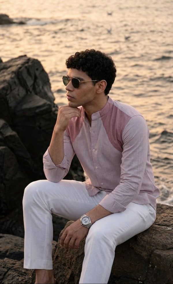Muted Taupe Color Block Band Collar Shirt
