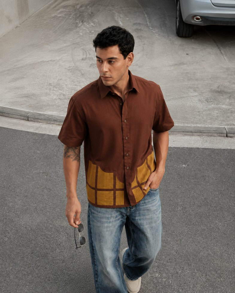 Brown Colour Block Pintucks Statement Shirt
