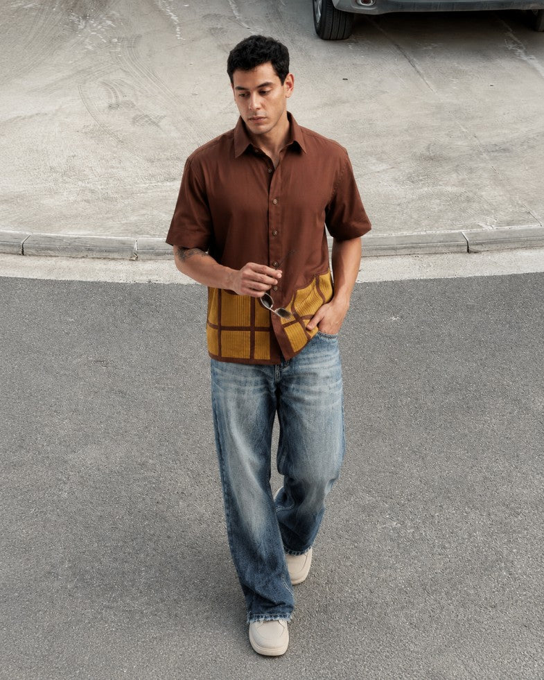 Brown Colour Block Pintucks Statement Shirt