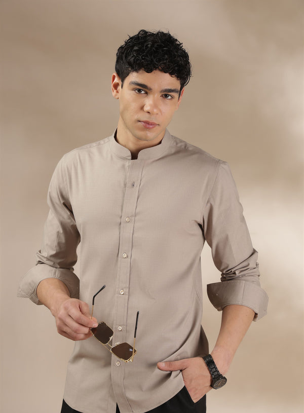Soft Beige Muscle Fit Chinese Collar Shirt for Men