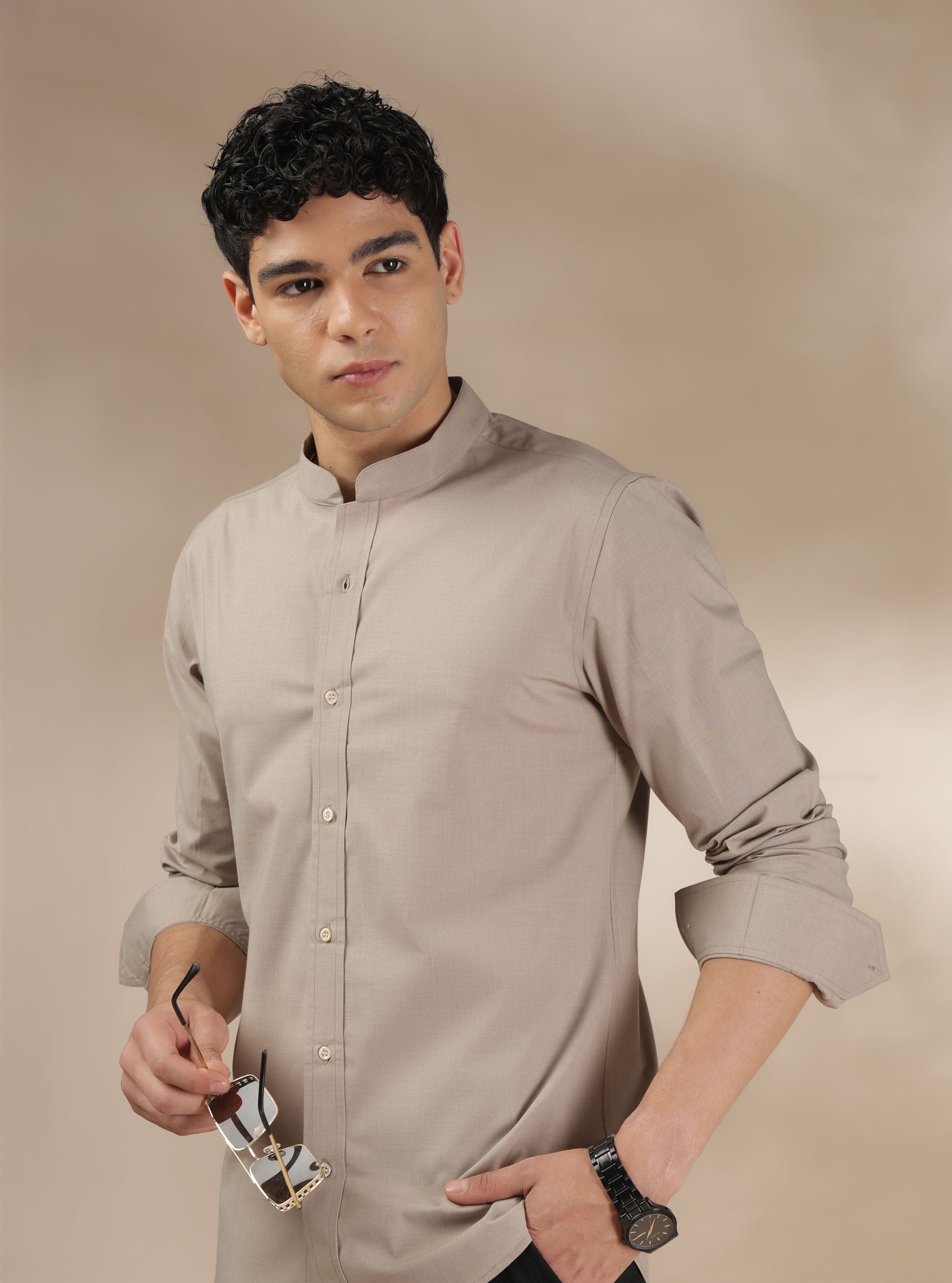 Men's Soft Beige Chinese Collar Casual Shirt