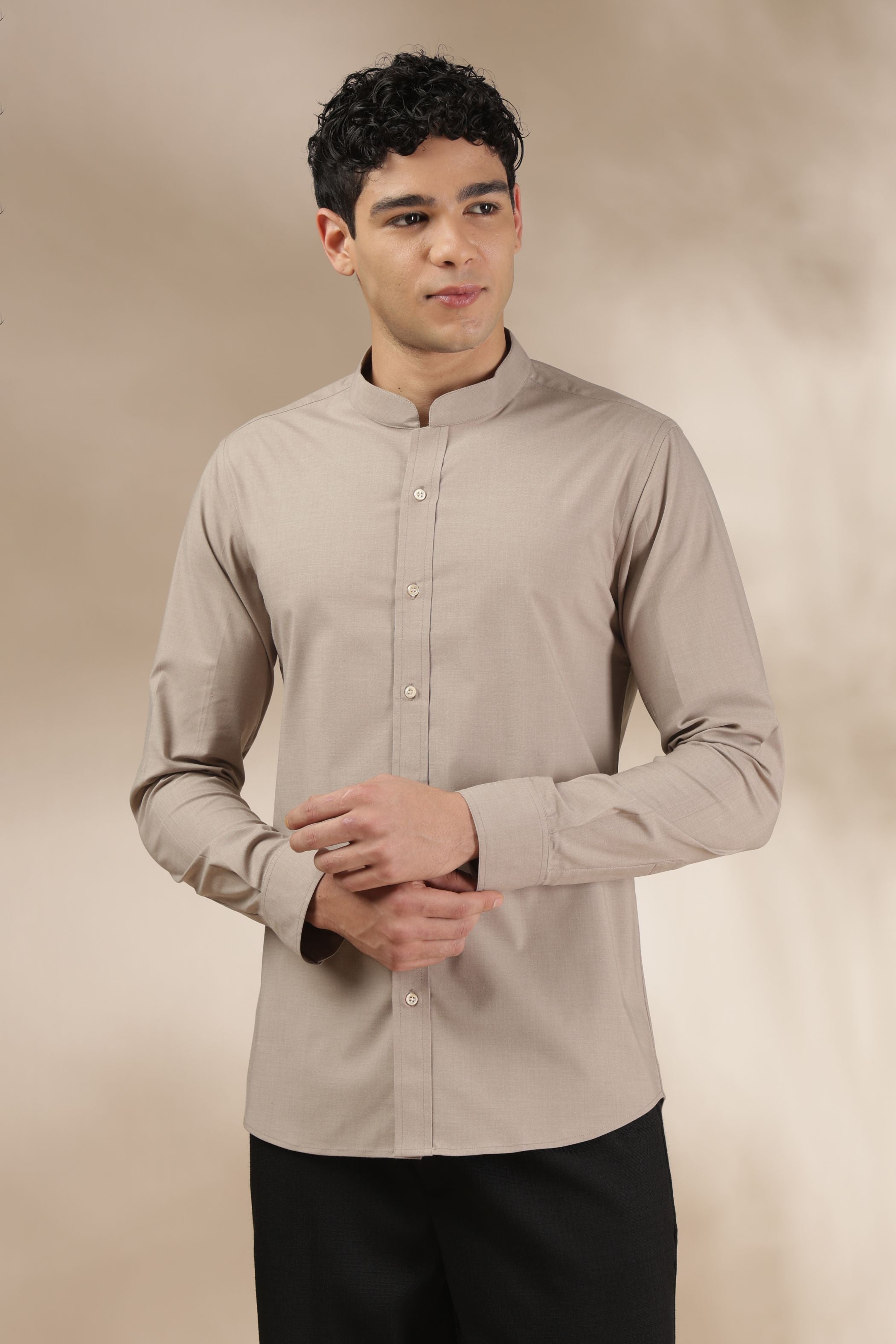 MIEIV Soft Beige Muscle Fit Mandarin Collar Shirt