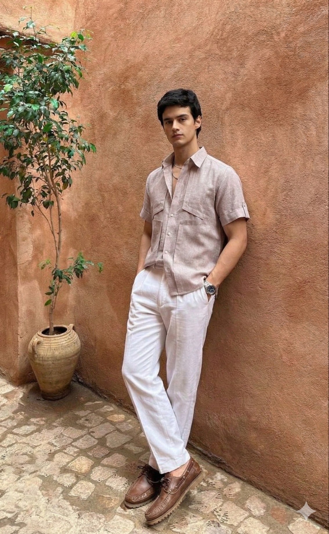 Taupe Short Sleeve Linen Shirt 