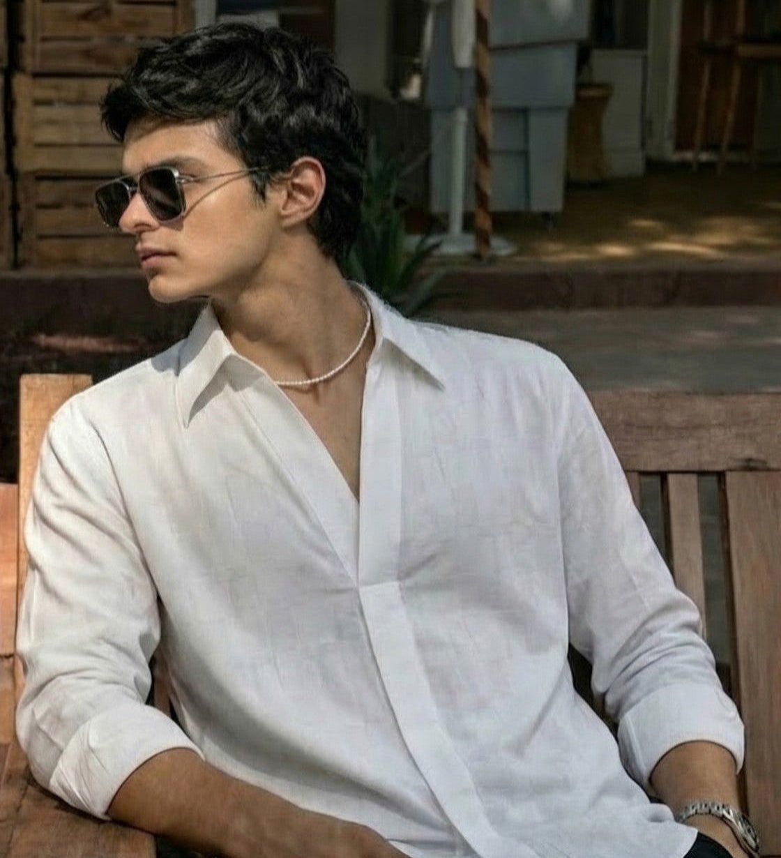 White baggy shirt for men with oversized wide point collar