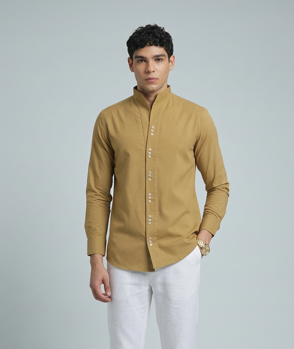 Yellow Ochre Muscle Fit High Neck Shirt for Men
