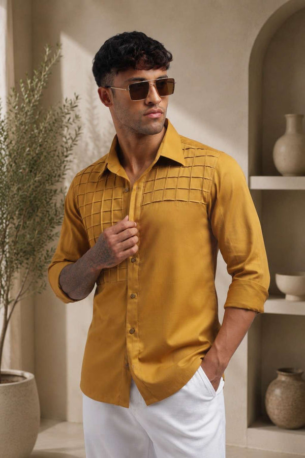 Yellow Ochre Pintucks Men's Solid Shirts
