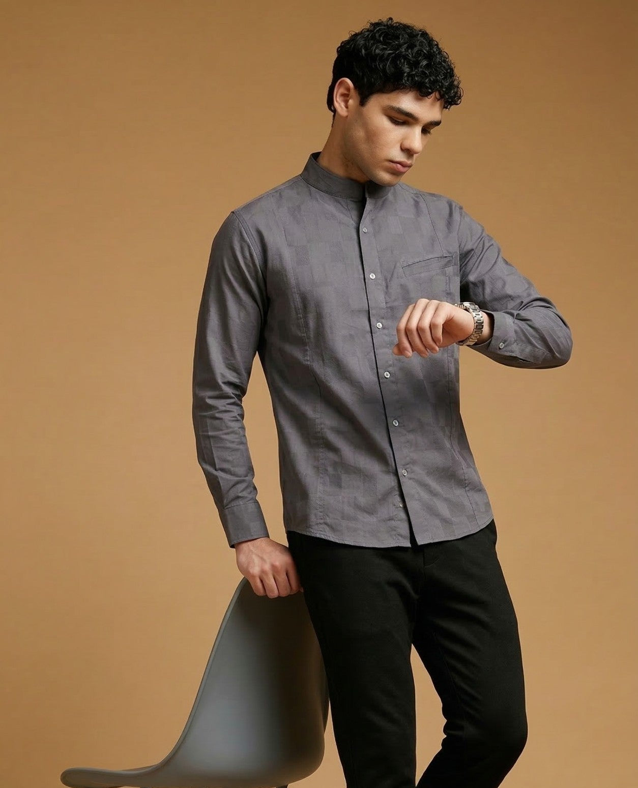 Dark Grey Band Collar Shirt
