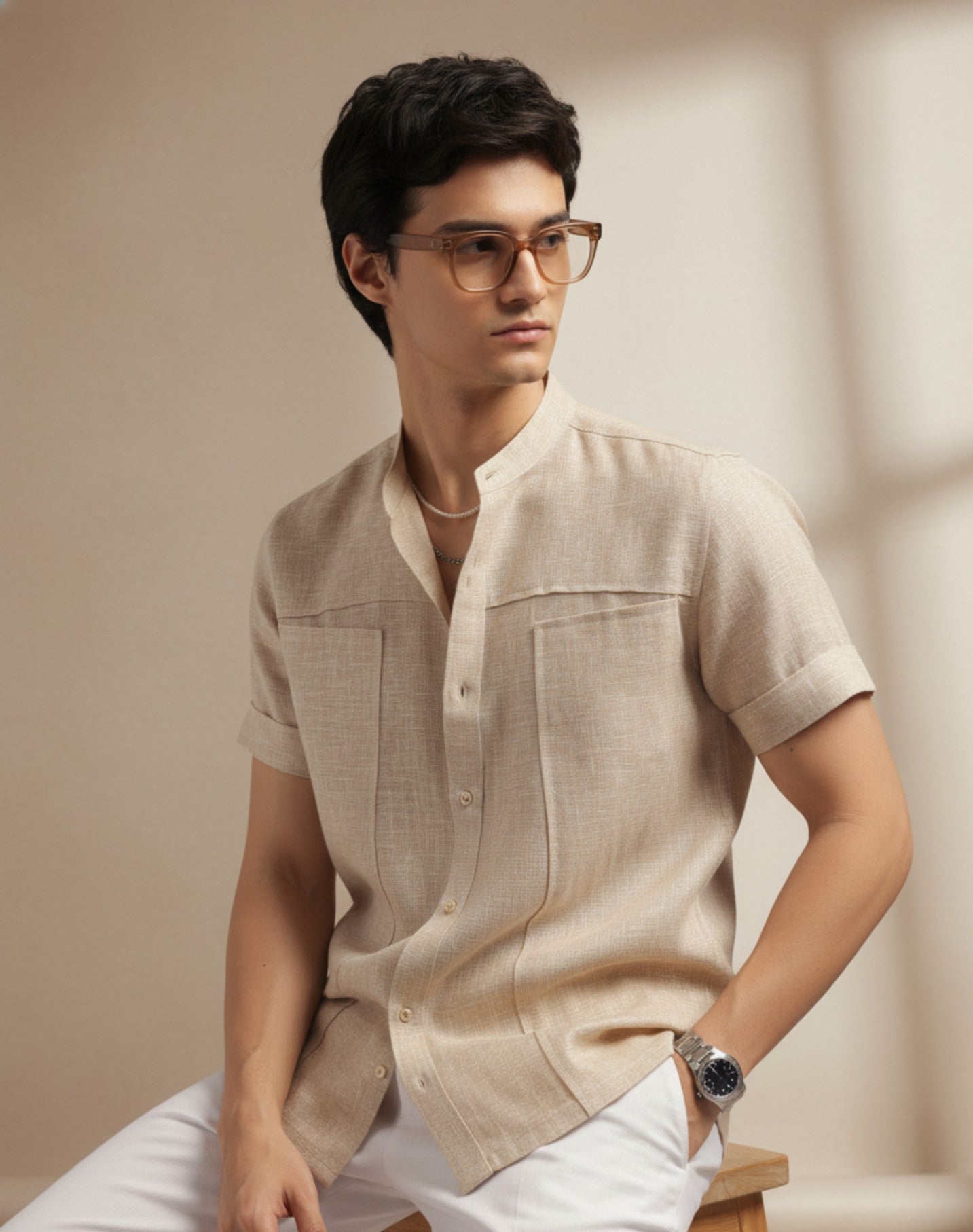 Chinese Collar Short Sleeve Linen Shirt
