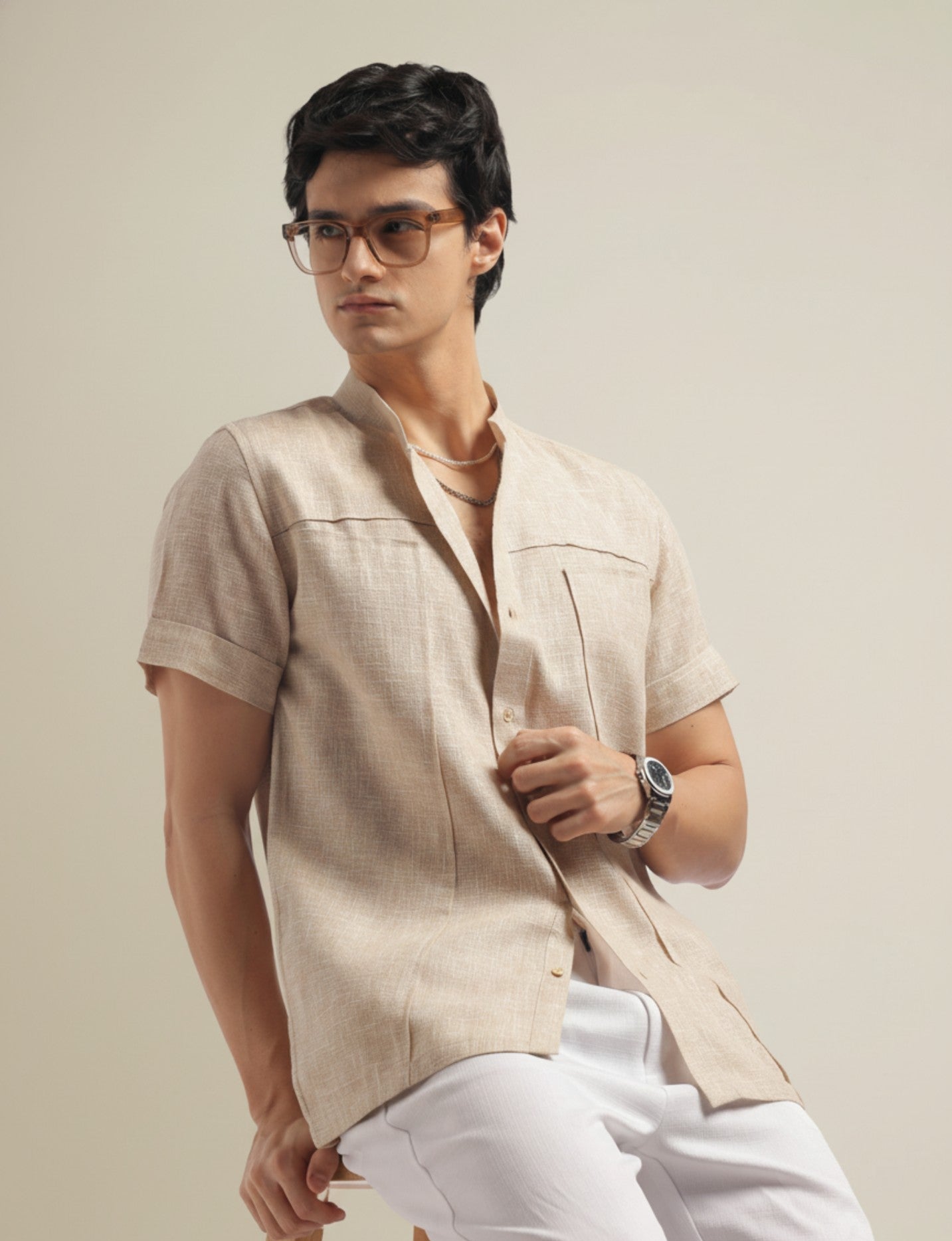 Chinese Collar Short Sleeve Linen Shirt