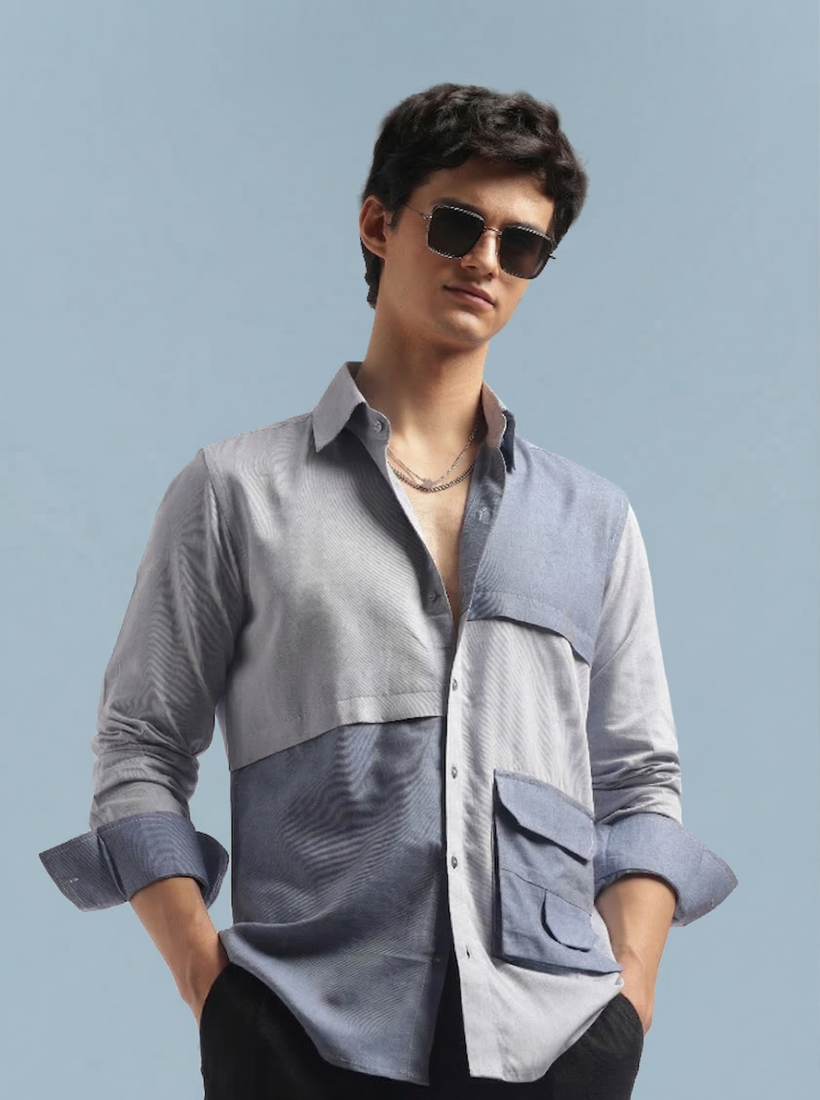 Blue Colorblock Relax Fit Shirt