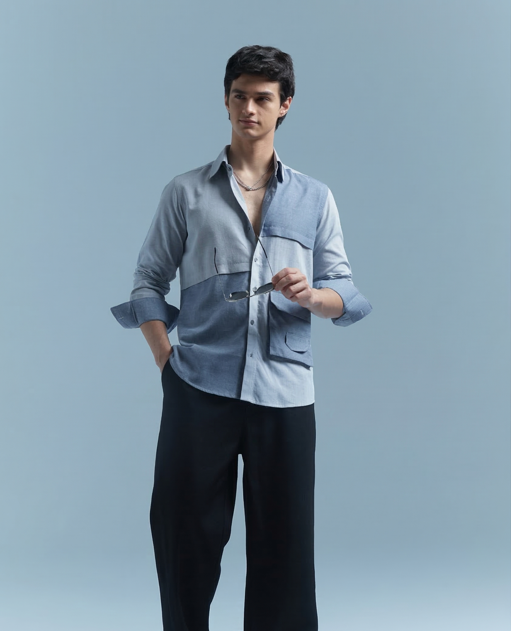 Blue Colorblock Relax Fit Shirt