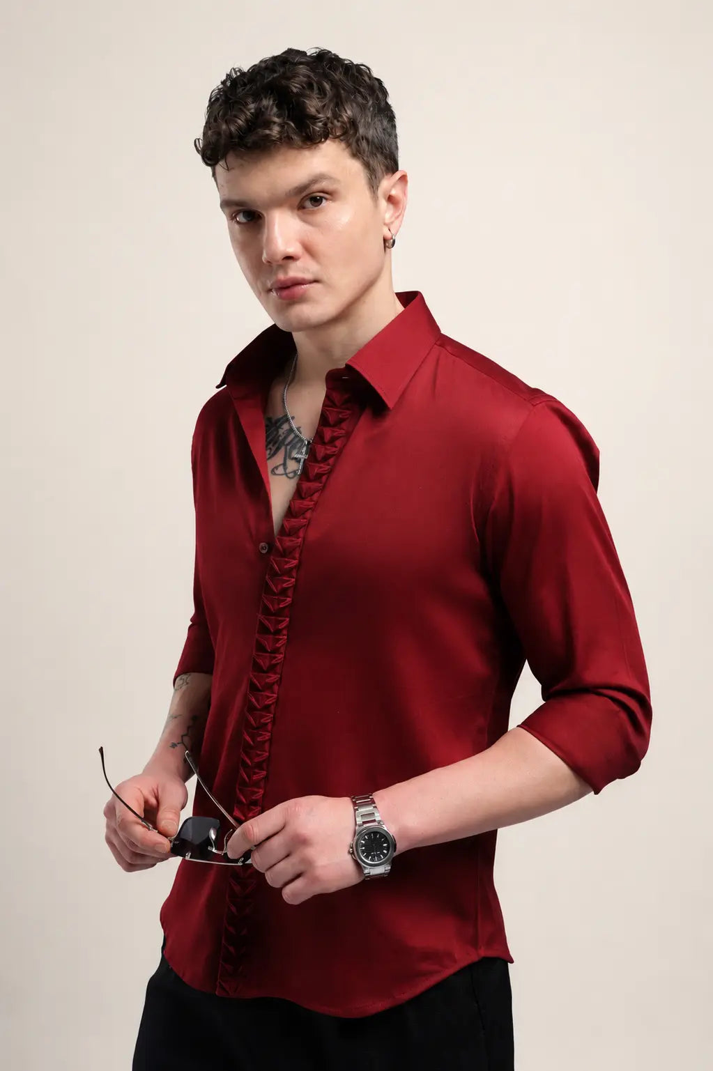 Maroon Placket Design Shirt – Premium Solid Shirt for Men