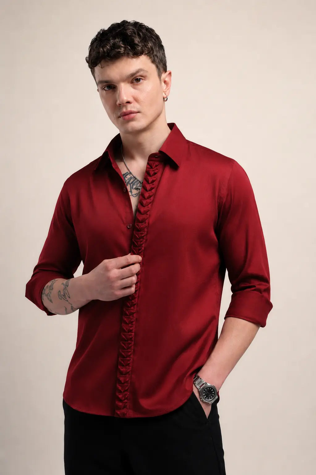 Maroon Placket Design Shirt – Premium Solid Shirt for Men