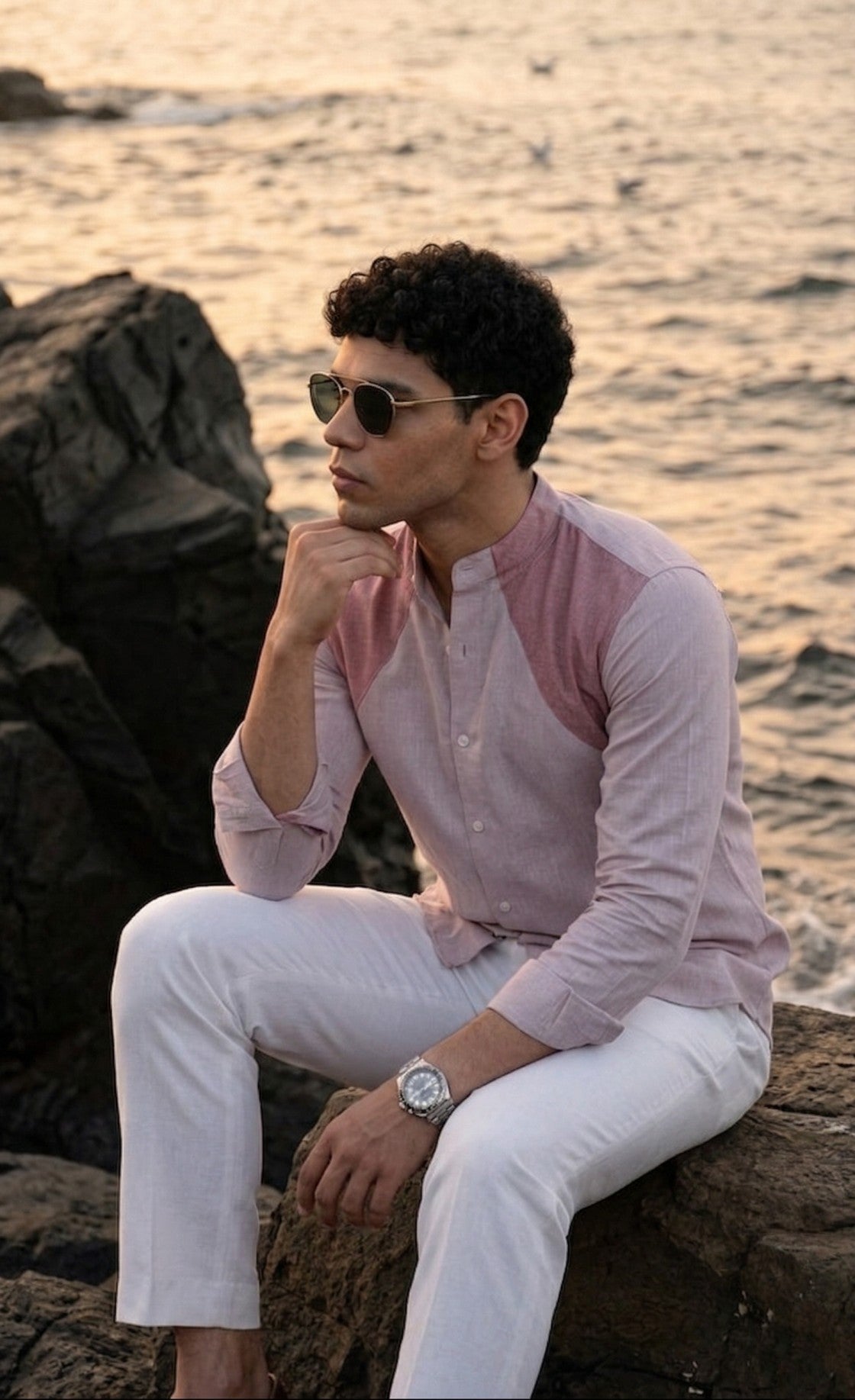 Muted Taupe Color Block Band Collar Shirt