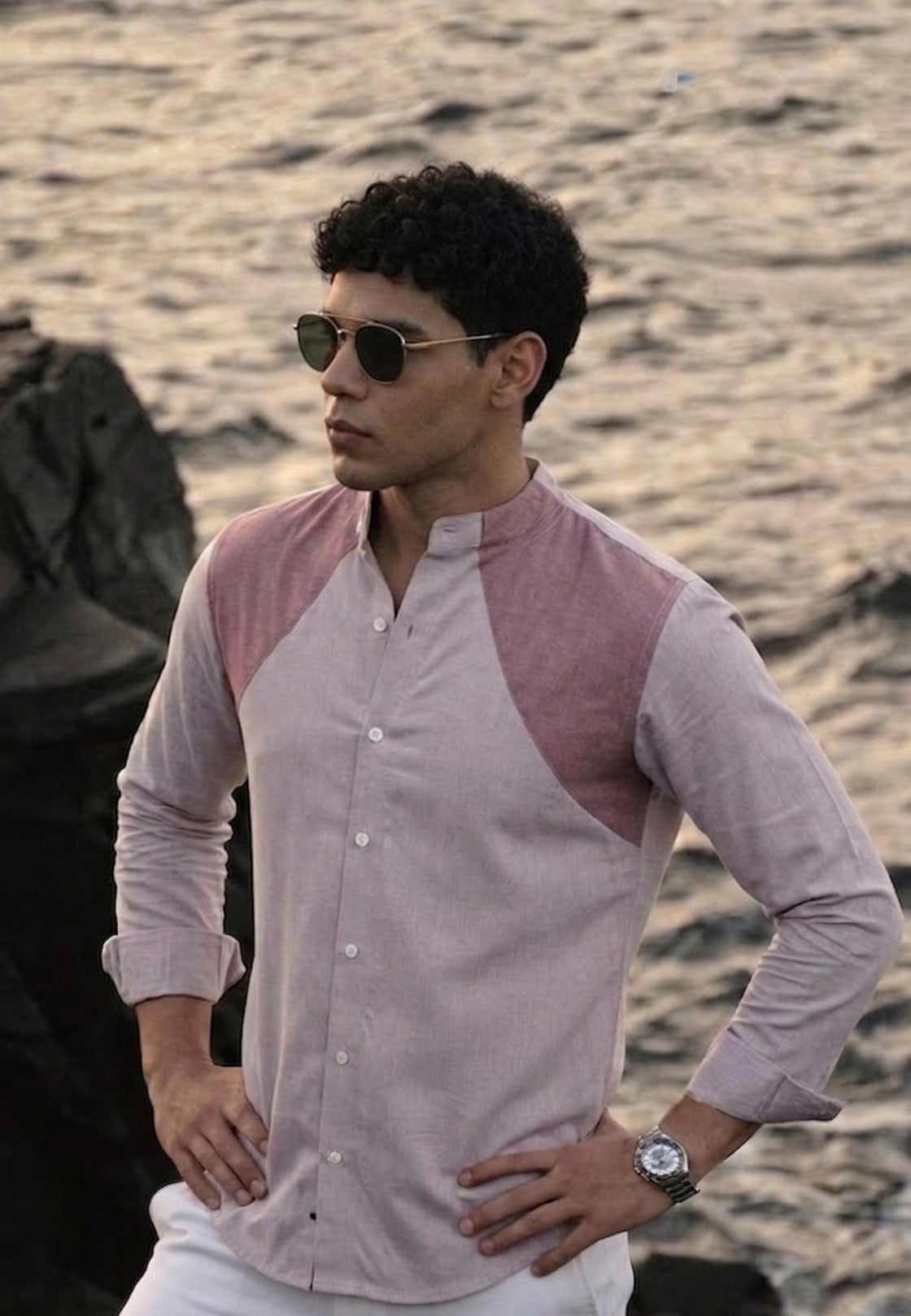 Muted Taupe Color Block Band Collar Shirt