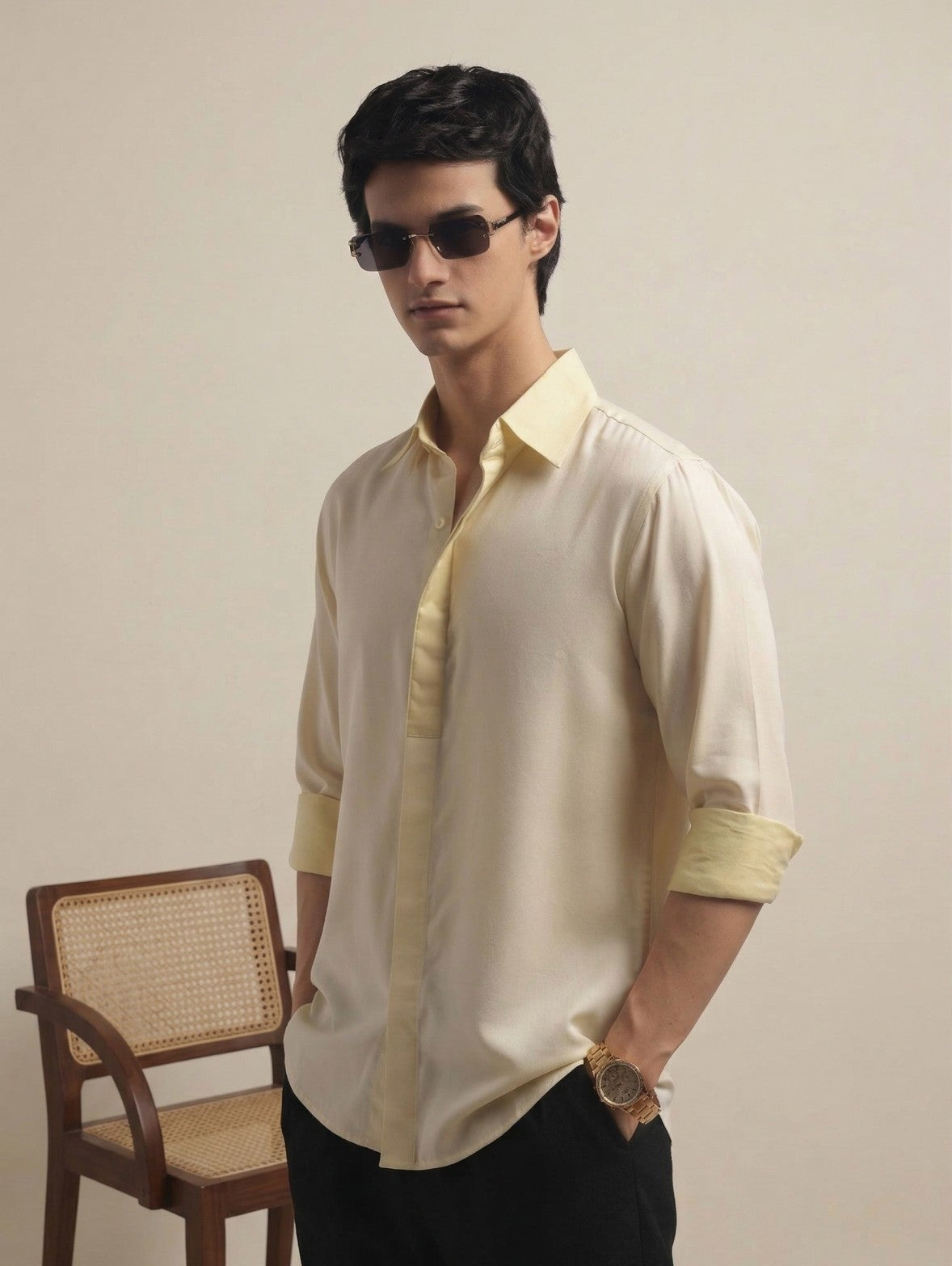 Light Yellow Relax Fit men Solid Shirt