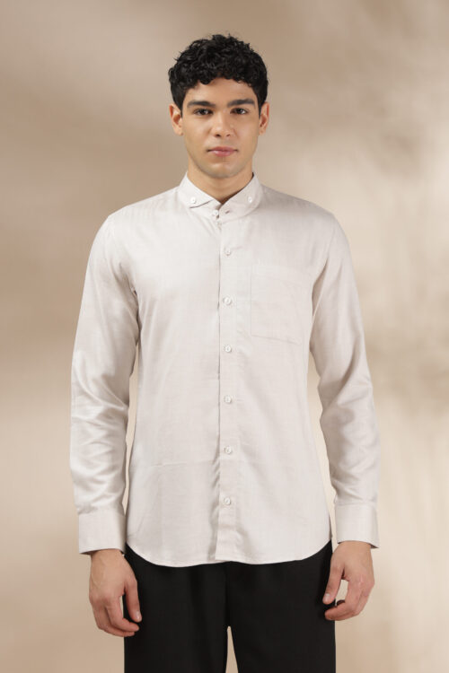 Light Beige Band Collar Relax Fit Shirt