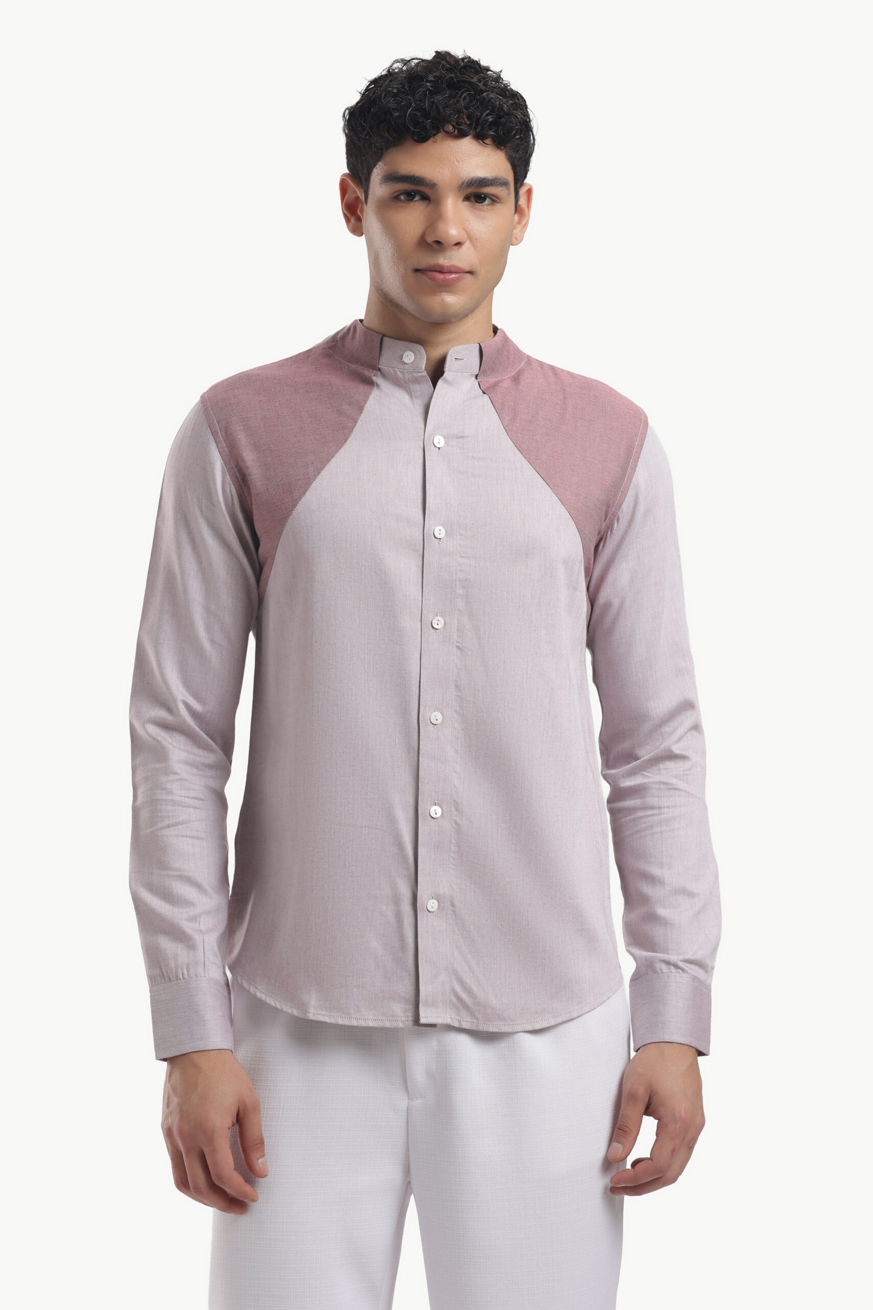 Muted Taupe Collar Block Band Collar Shirt - Image 10