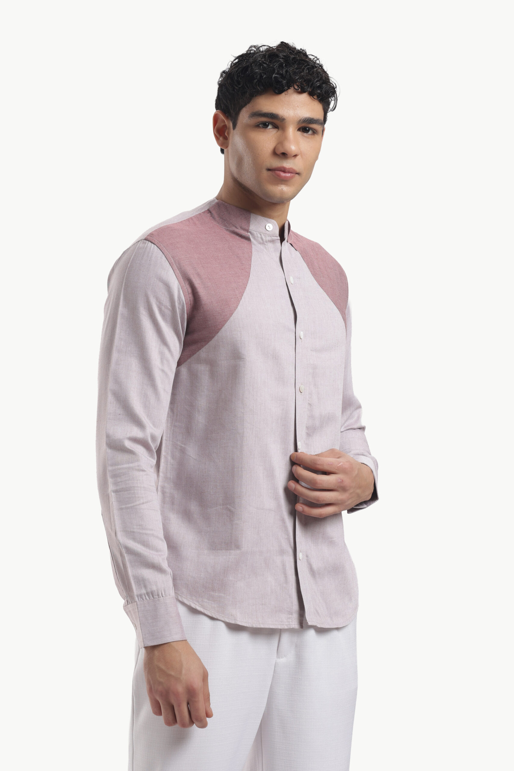 Muted Taupe Collar Block Band Collar Shirt - Image 8