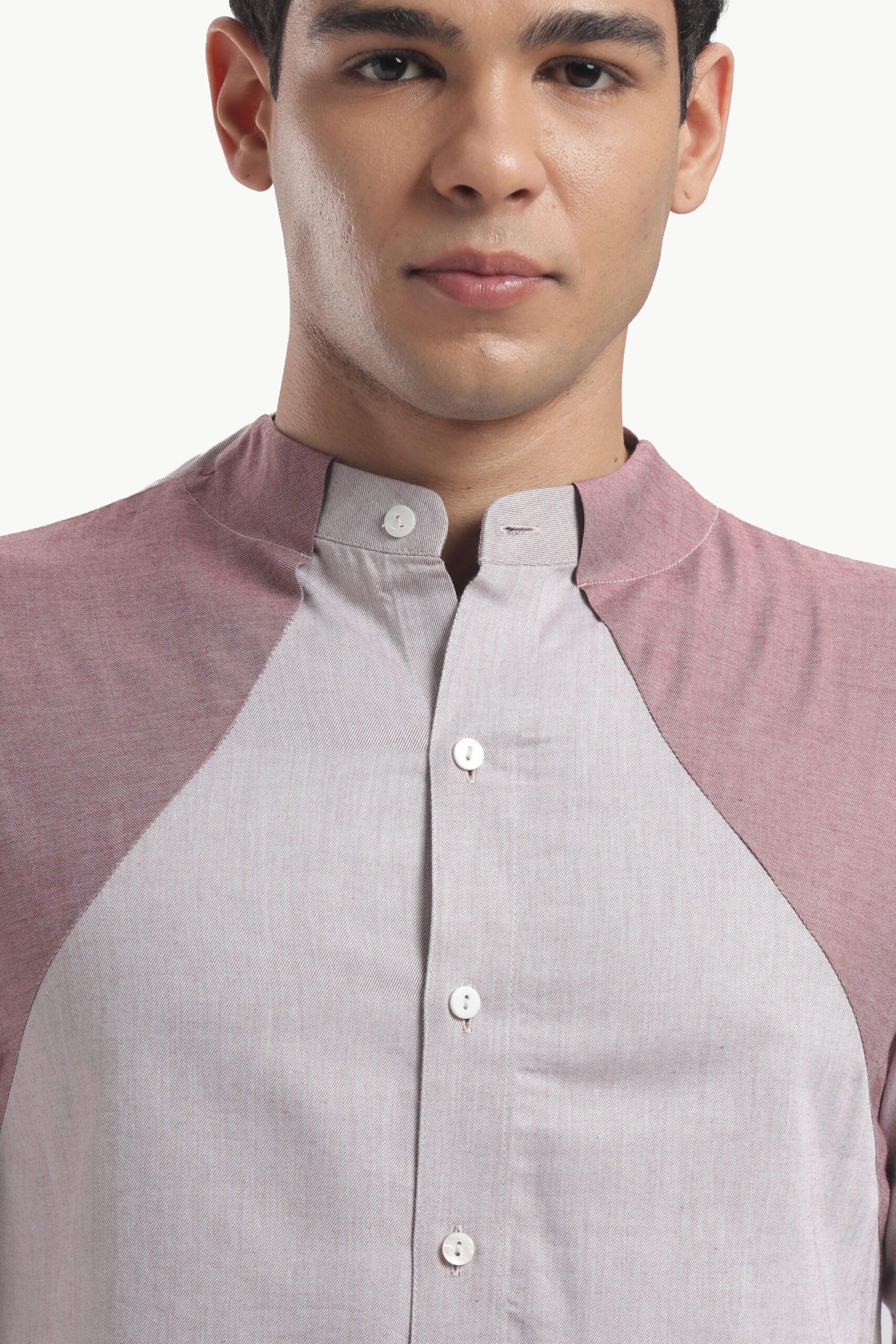 Muted Taupe Collar Block Band Collar Shirt - Image 7