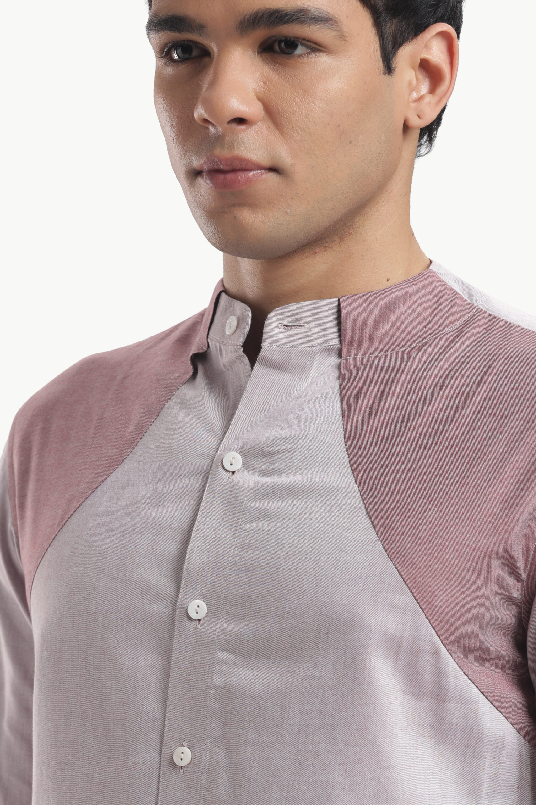 Muted Taupe Collar Block Band Collar Shirt - Image 6