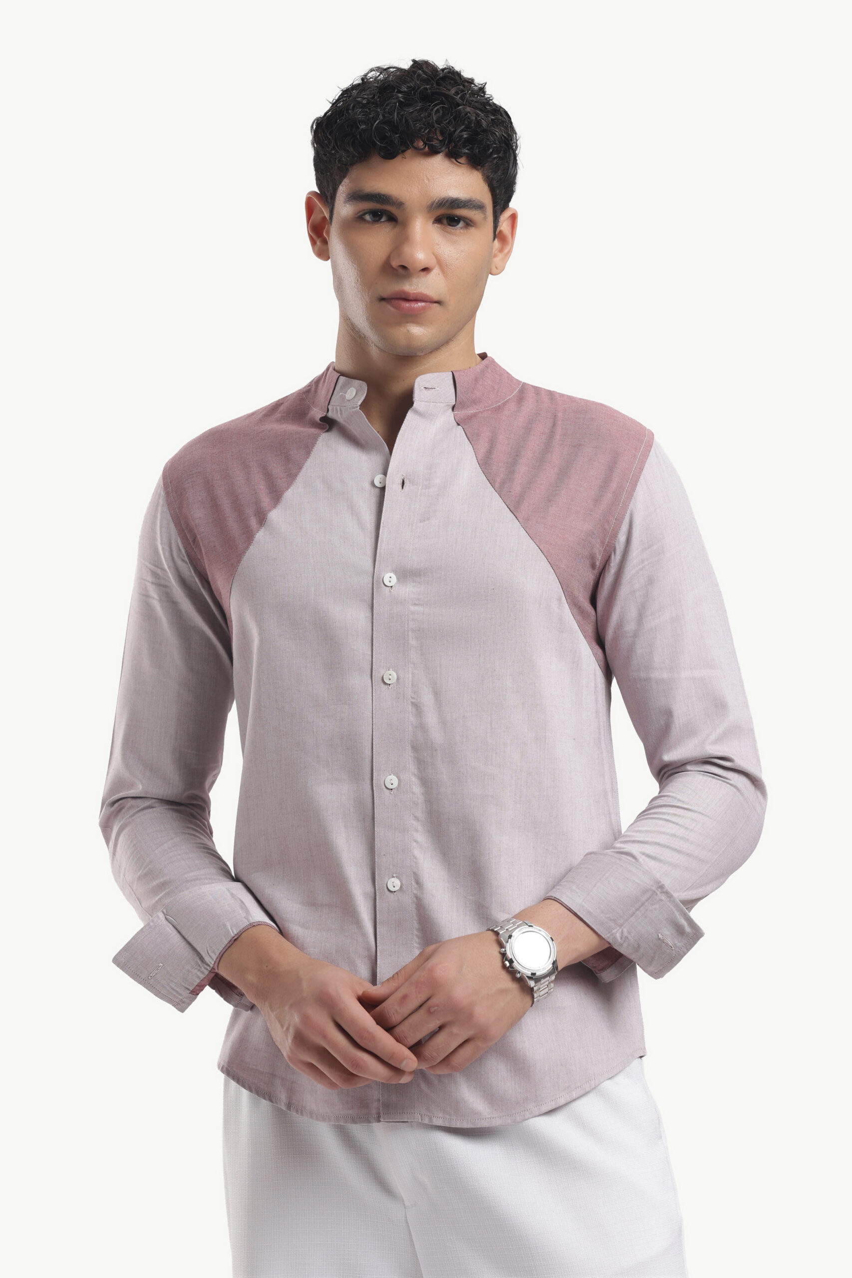 Muted Taupe Collar Block Band Collar Shirt - Image 5