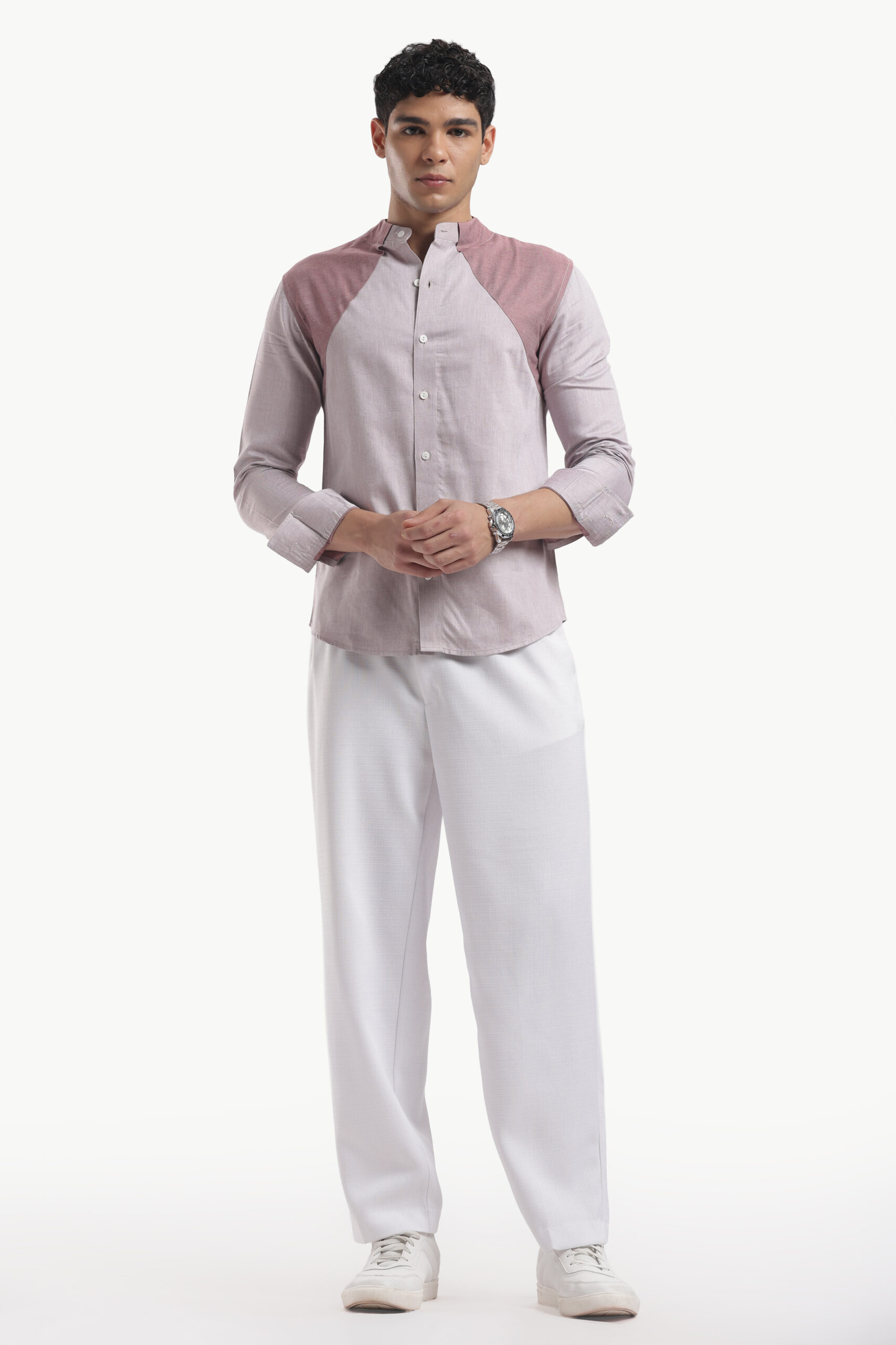 Muted Taupe Collar Block Band Collar Shirt - Image 3