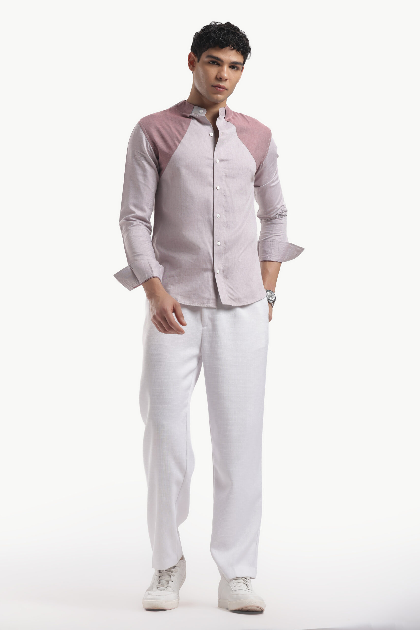 Muted Taupe Collar Block Band Collar Shirt