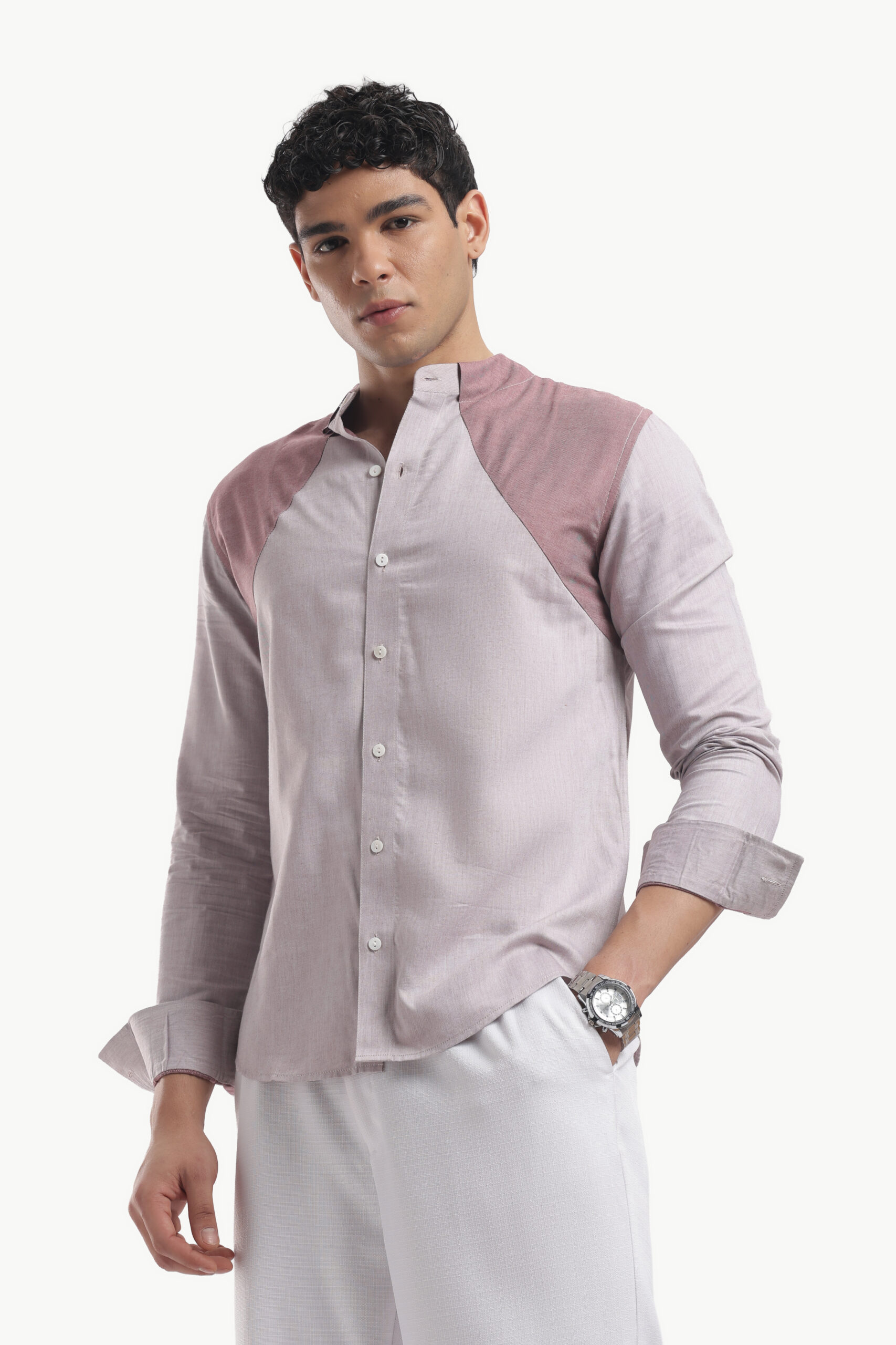 Muted Taupe Collar Block Band Collar Shirt - Image 2